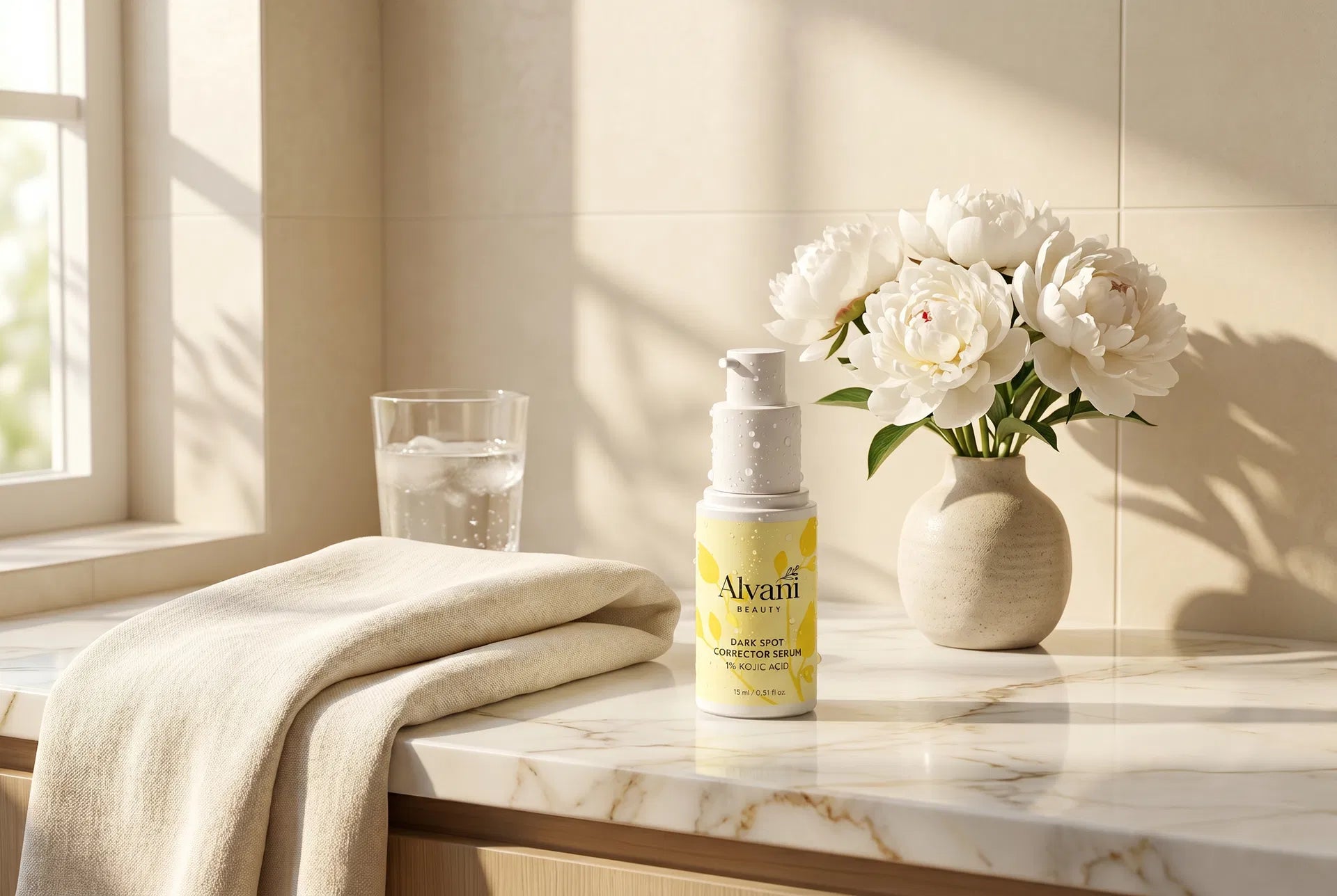 Alvani Beauty serum on a marble vanity